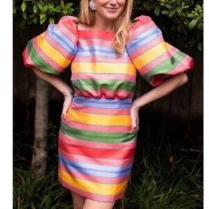 ANTONIO MELANI Nell Colorful Stripe Puff Sleeve Square Neckline Mini Dress